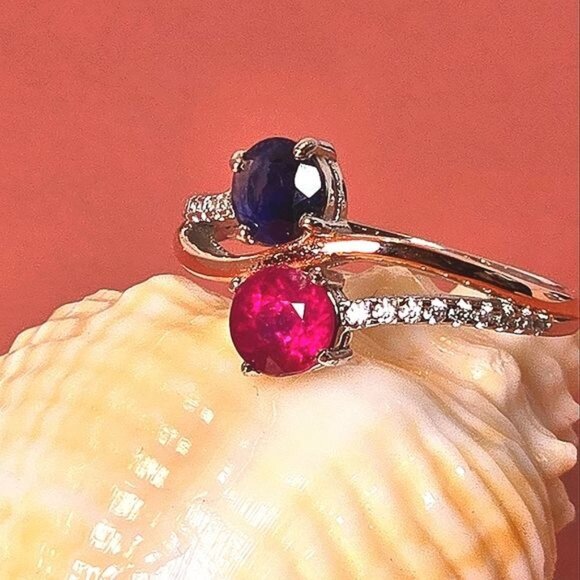 Natural Sapphire & Ruby 14K Gold Plate on 925 Sterling Silver Ring Sz 6.5 - Picture 4 of 6